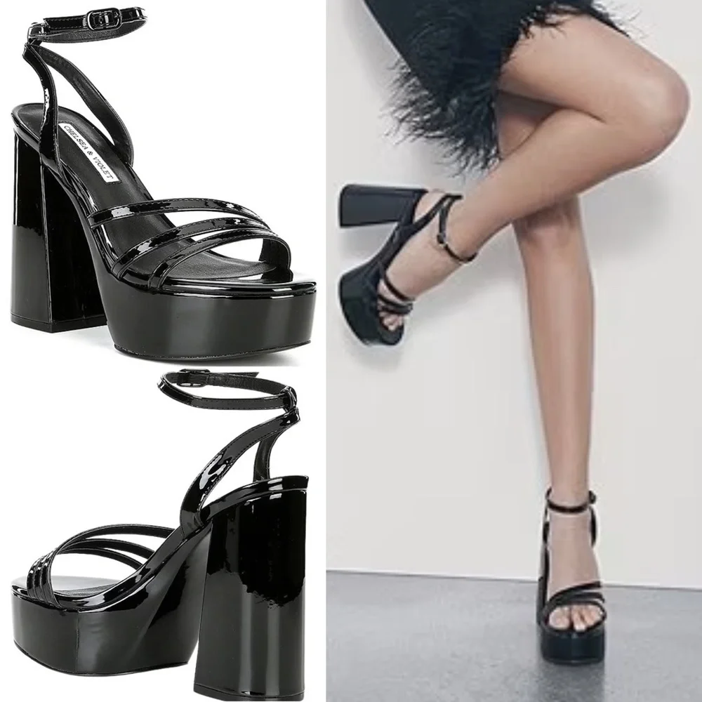 NEW Chelsea & Violet Debbie Patent Ankle Strap Platform Dress Sandals in Black
